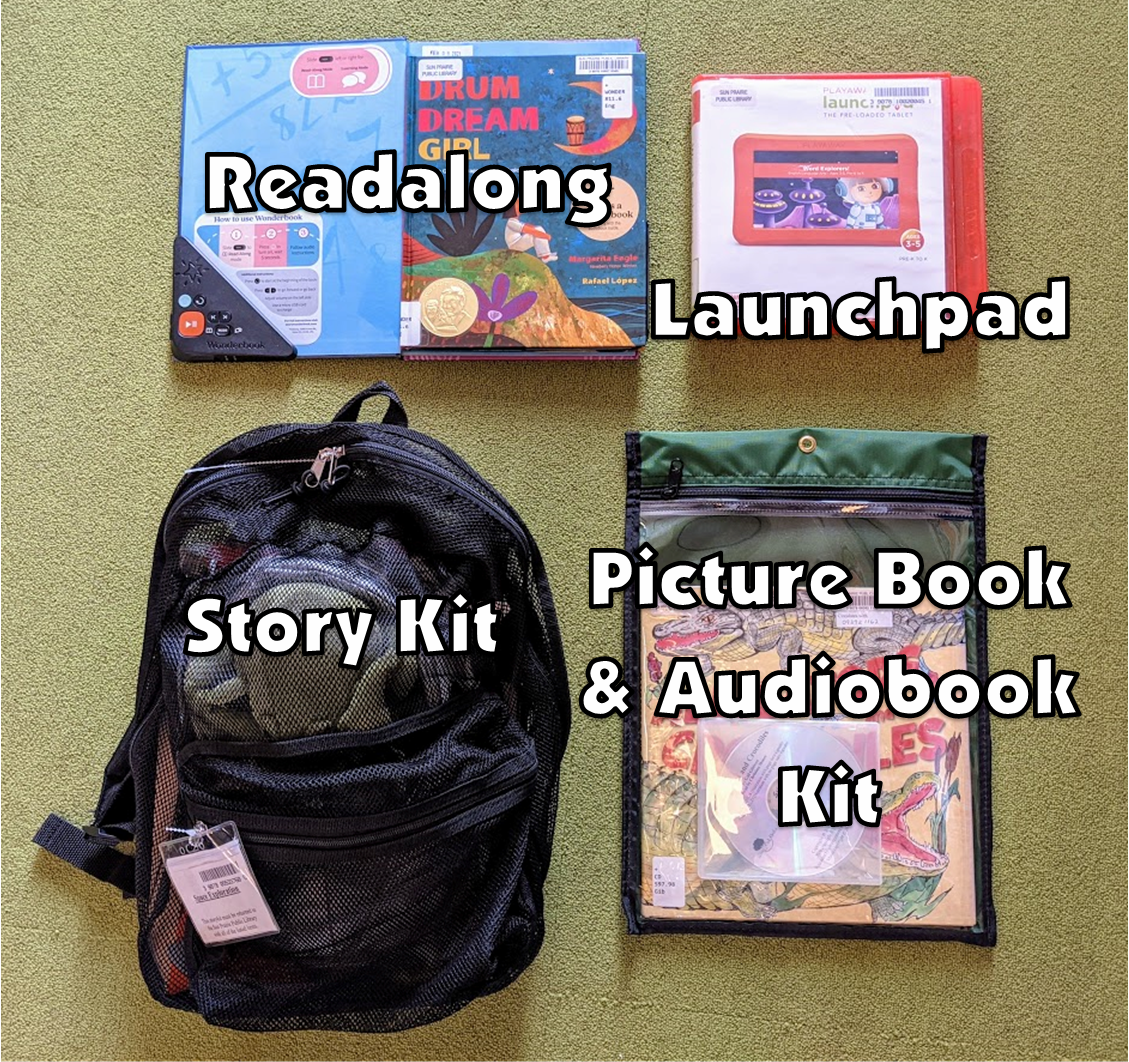 photo of a Readalong, Launchpad, Story Kit, and Picture Book and Audiobook Kit. Descriptions of the items are in the text next to the photo.