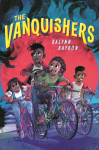 Book cover of The Vanquishers. 4 children on the cover on bikes. Red sun behind them. 