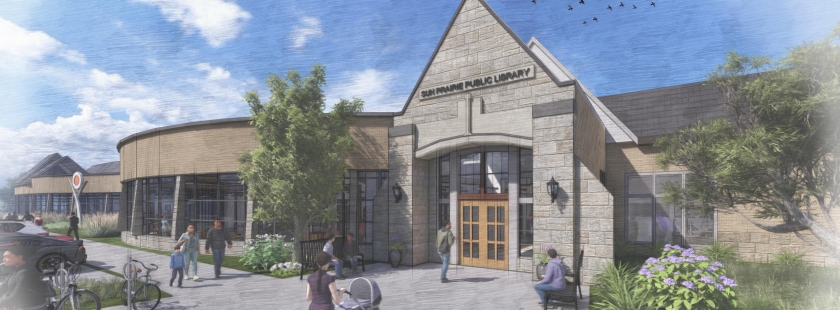 Exterior rendering of the new entrance to the library expansion