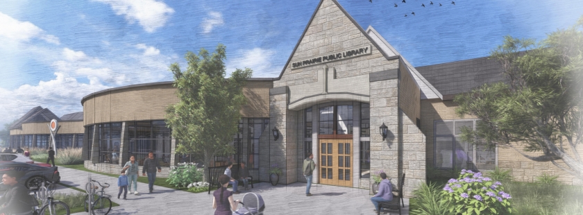 Exterior rendering of the new entrance to the library expansion