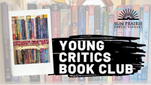 Young Critics Book Club, photo of books in the background, font white over black scribbles