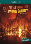This image shows the cover for the book "Can You Survive the 1910 Big Burn?" by Ailynn Collins. It shows a wildfire in a large forest.