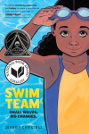 This image is the book cover for the graphic novel "Swim Team" by Johnnie Christmas. The cover shows an illustration of a middle school girl wearing a swimsuit and goggles.